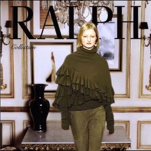 Ralph Lauren Vintage Fall 2003 Collection Loden Green Ruffle Wrap Cashmere Shawl - Picture 6 of 8